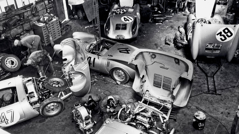 Illustration for article titled Porsche Le Mans works team at garage Provost